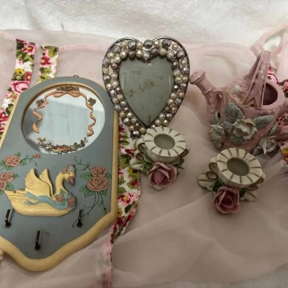 Vintage Shabby Chic Cottage Decor Bundle – Dresden Candlesticks, Swan Mirror